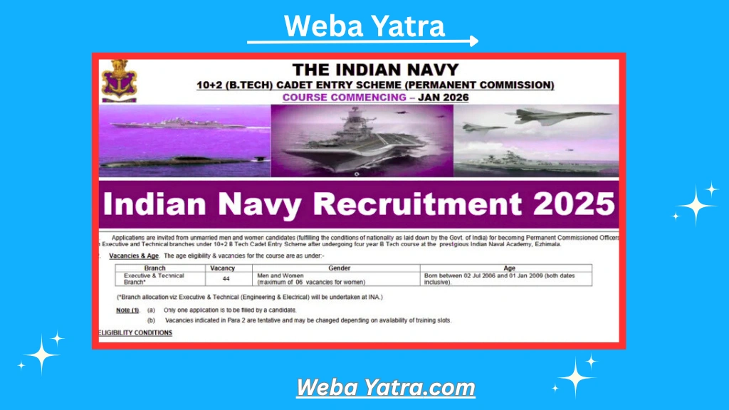 Indian Navy 10+2 (B.Tech) Cadet Entry Recruitment 2025 – Apply Online for 44 Executive & Technical Posts